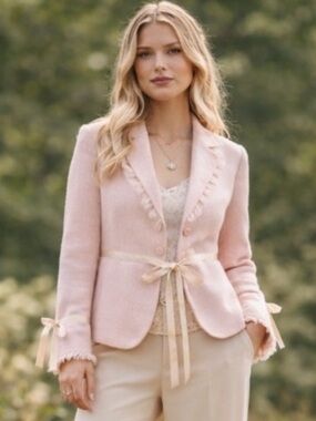 Vintage 1995 NWT Laundry Tulle Ruffle Trim Tweed Blazer in Pastel Pink Sz 4